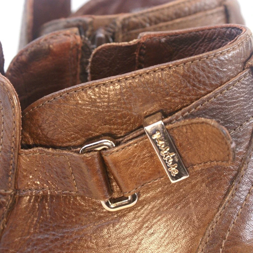 Nurture Hunter Brown Leather Ankle Boots‎ Buckle Zip Booties Womens 6.5M